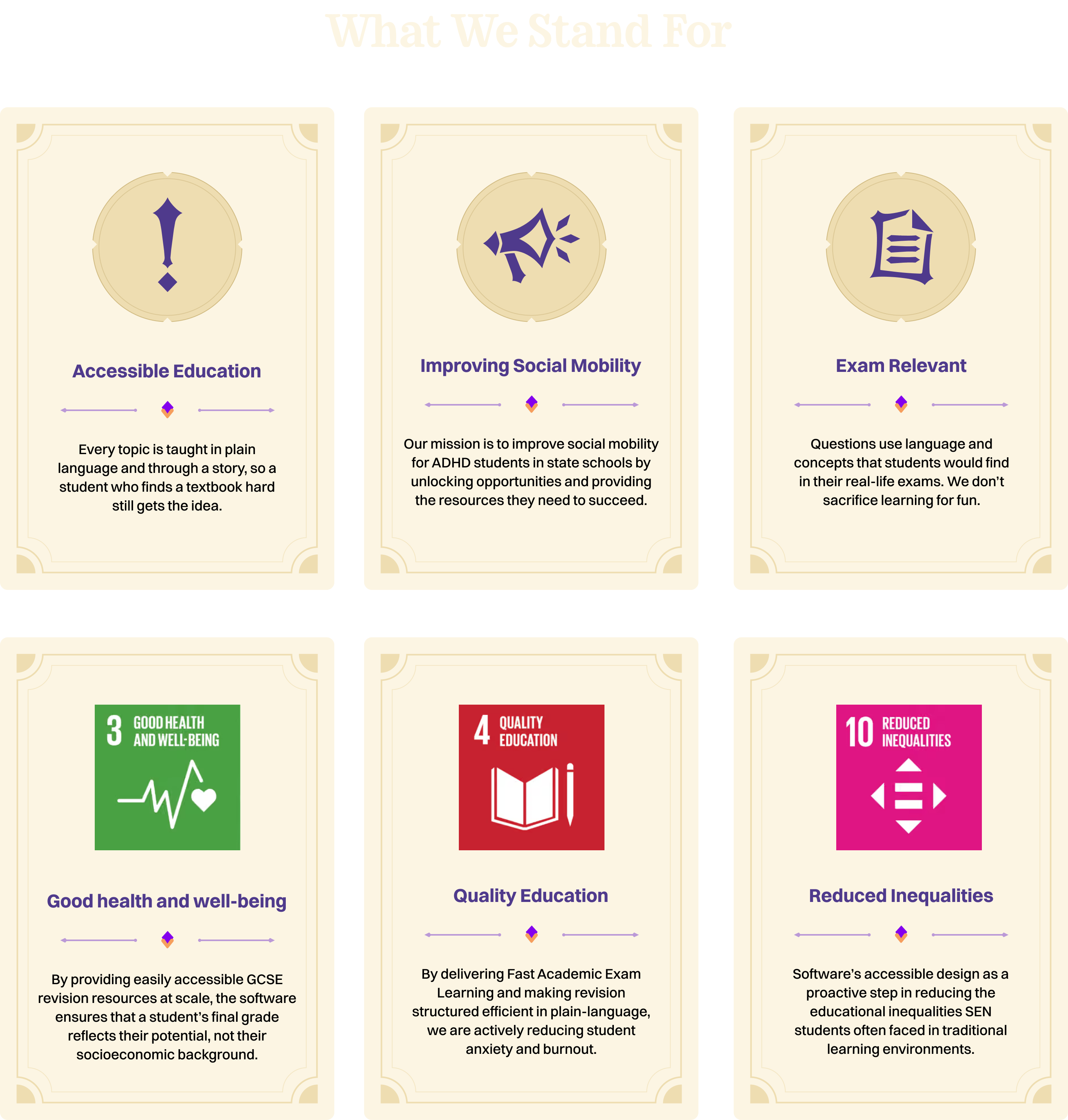 What We Stand For: Accessible Education, Improving Social Mobility, Exam Relevant, Good health and well-being, Quality Education, Reduced Inequalities